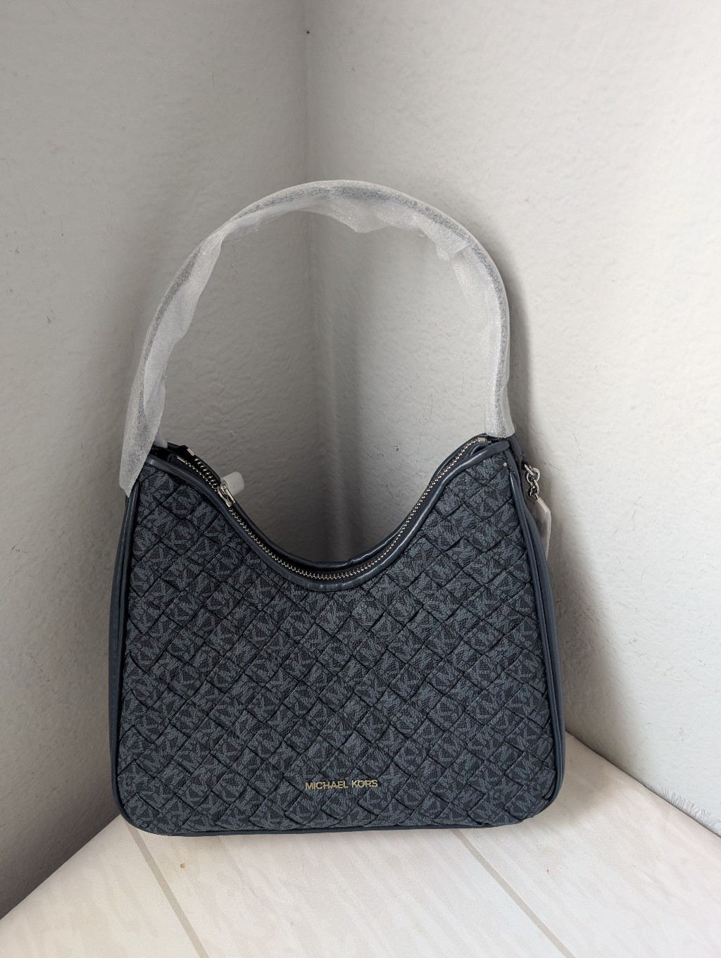 Nwt Michael Kors Nayla Small Woven Signature Logo Hobo Shoulder Bag In Admiral